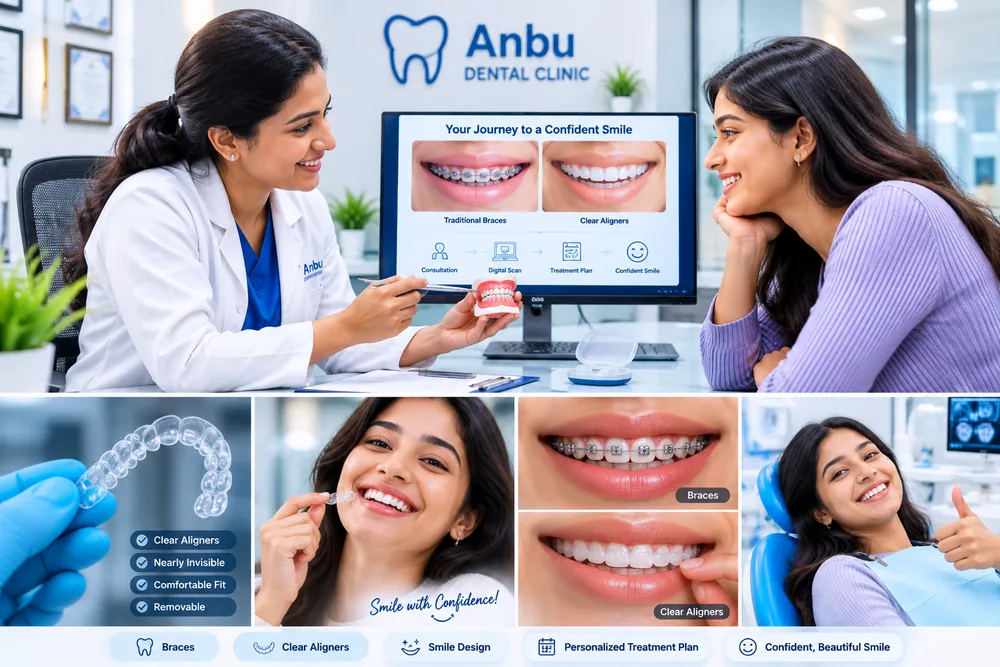 Orthodontic consultation at Anbu Dental Clinic — braces and clear aligner options explained, with treatment journey from consultation to confident smile