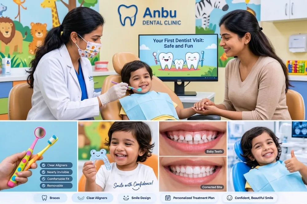 Child dental check-up at Anbu Dental Clinic — child-friendly treatment room, parent present, preventive care for baby teeth