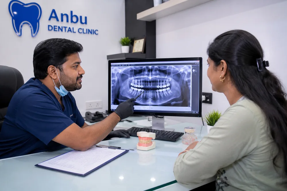 Dr. Ajan Merib explaining a dental X-ray to a patient at Anbu Dental Clinic, Aruppukkottai