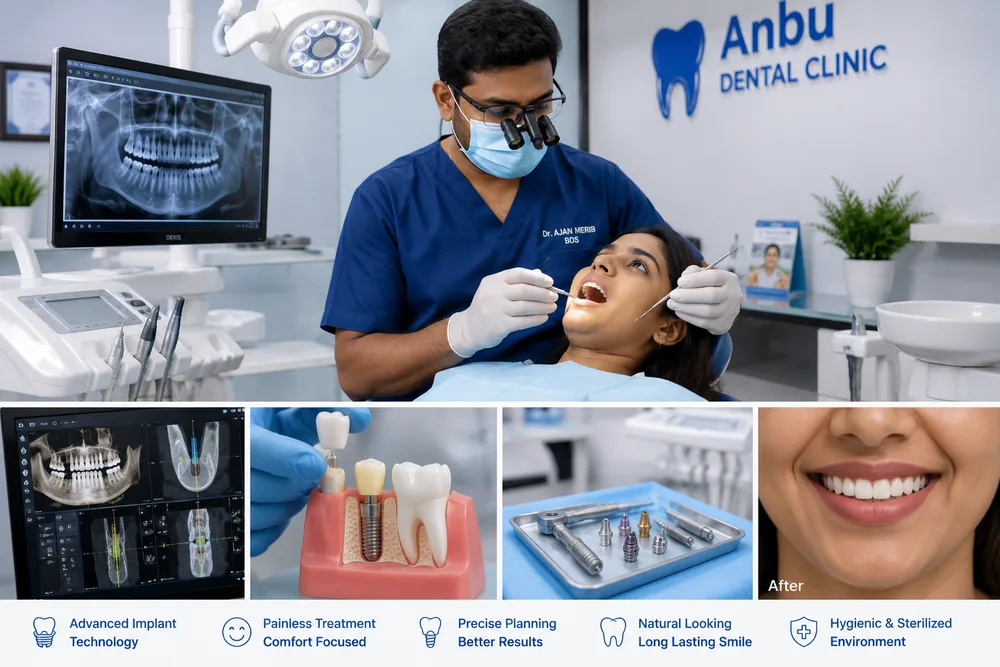 Dr. Ajan Merib performing implant treatment at Anbu Dental Clinic, with implant planning scans, sterilised implant kit and a natural-looking result